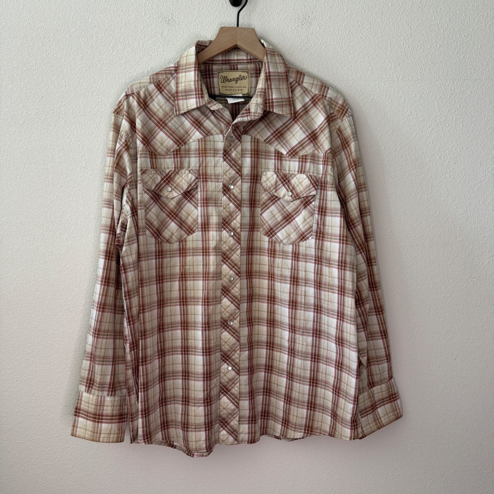 WRANGLER Mens Cotton Plaid Western Pearl Snap Shirt XL Cowboy Country Rodeo